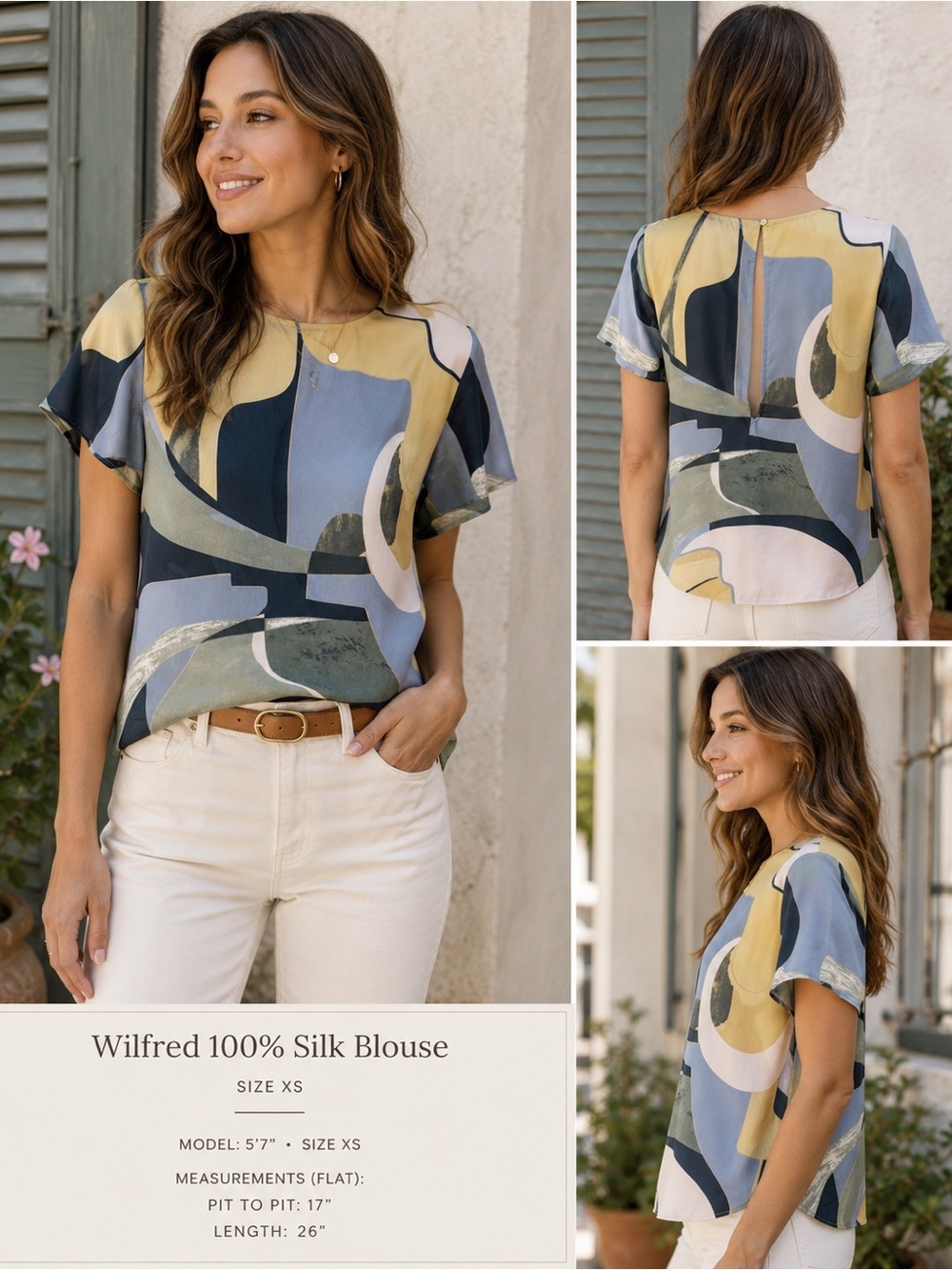 Wilfred Aritzia 100% Silk Abstract Print Blouse XS | Blue Yellow High-Low Hem